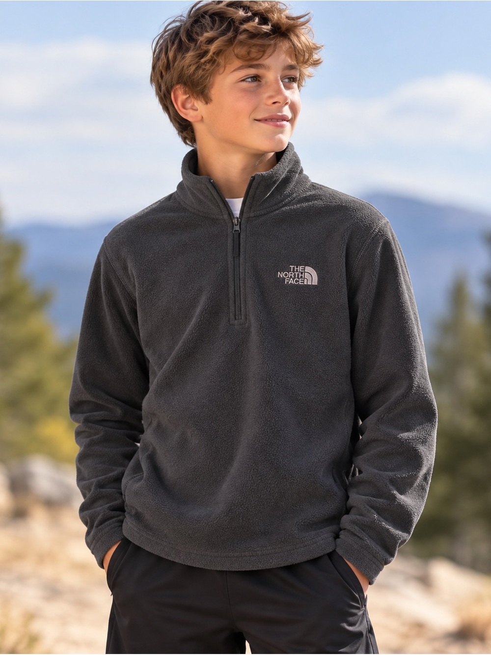 The North Face Boys Fleece 1/4 Zip Pullover Charcoal Gray Outdoor Jacket L/G